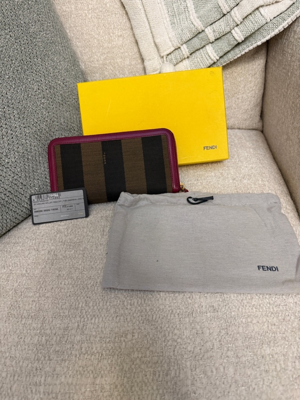 Fendi Brown Striped Canvas Wallet with Berry Trim